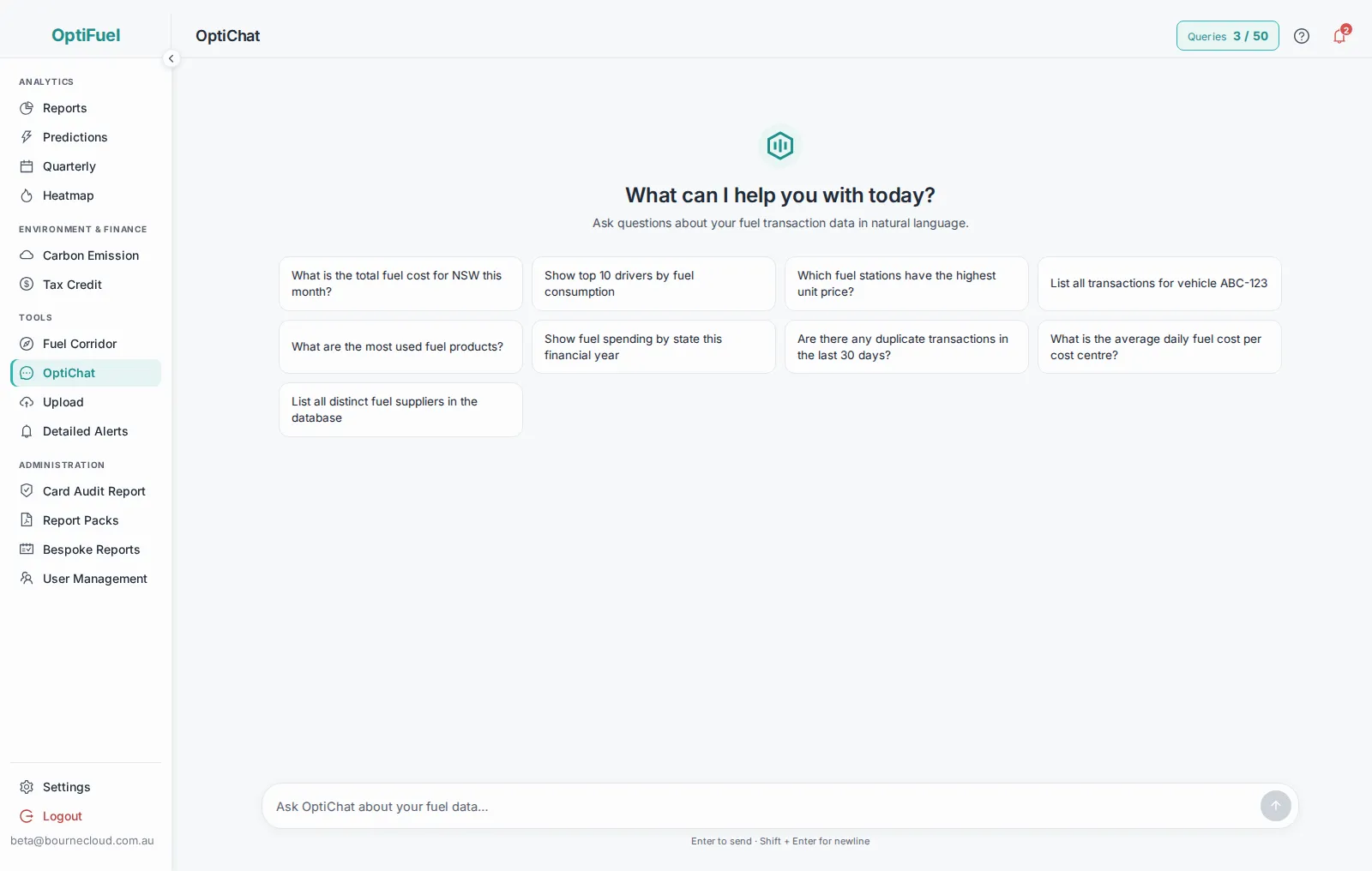 OptiChat interface for asking natural language questions about operational fuel data.