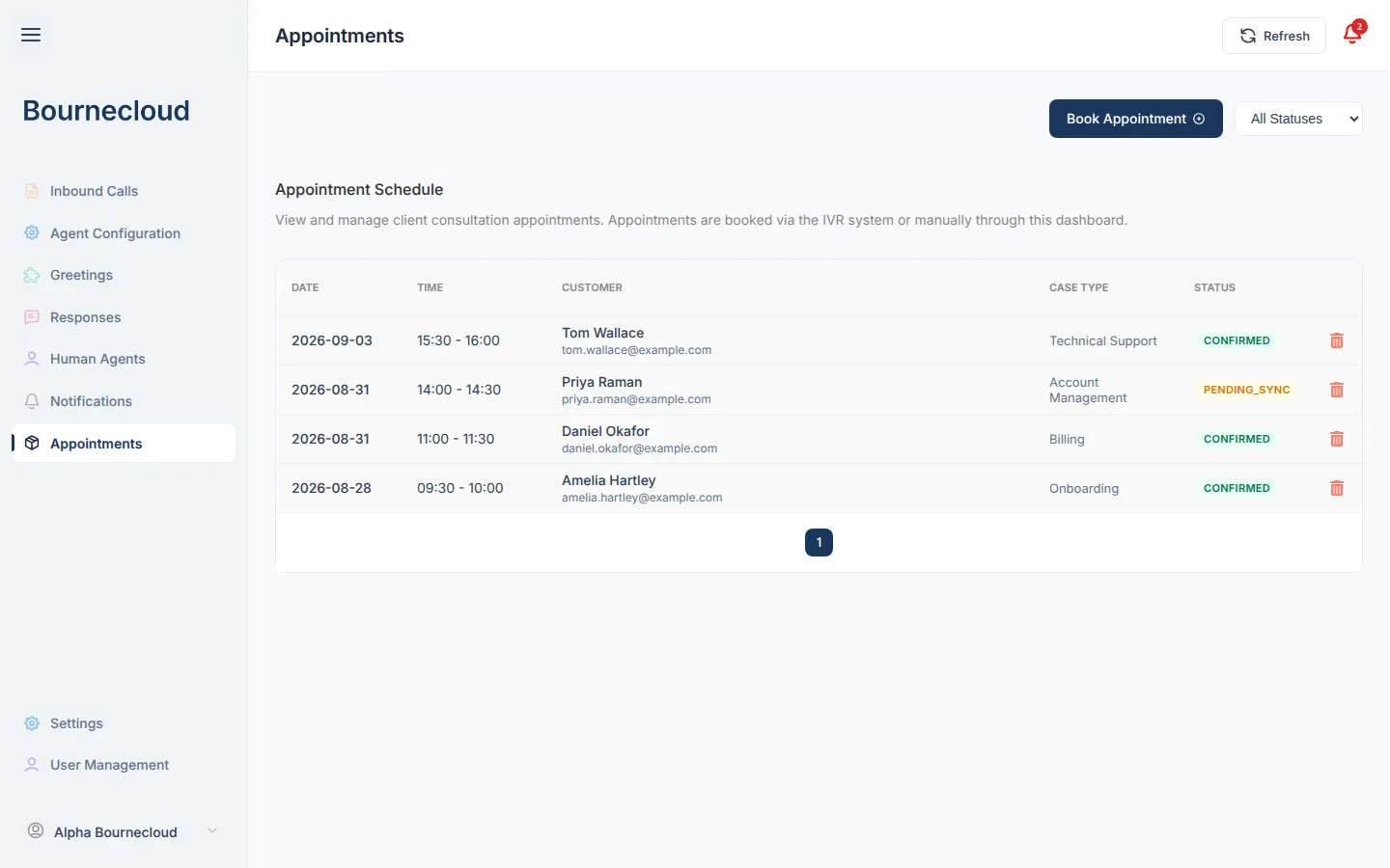 BourneConnect AI appointment management screen showing appointments created through voice workflows.