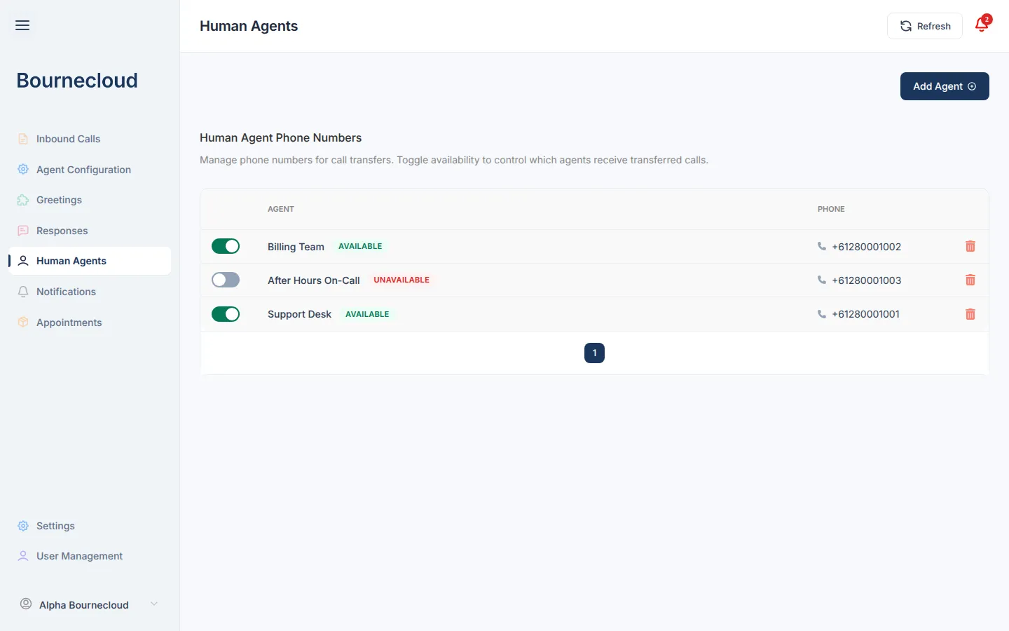 BourneConnect AI human agent configuration for call transfers and agent availability.