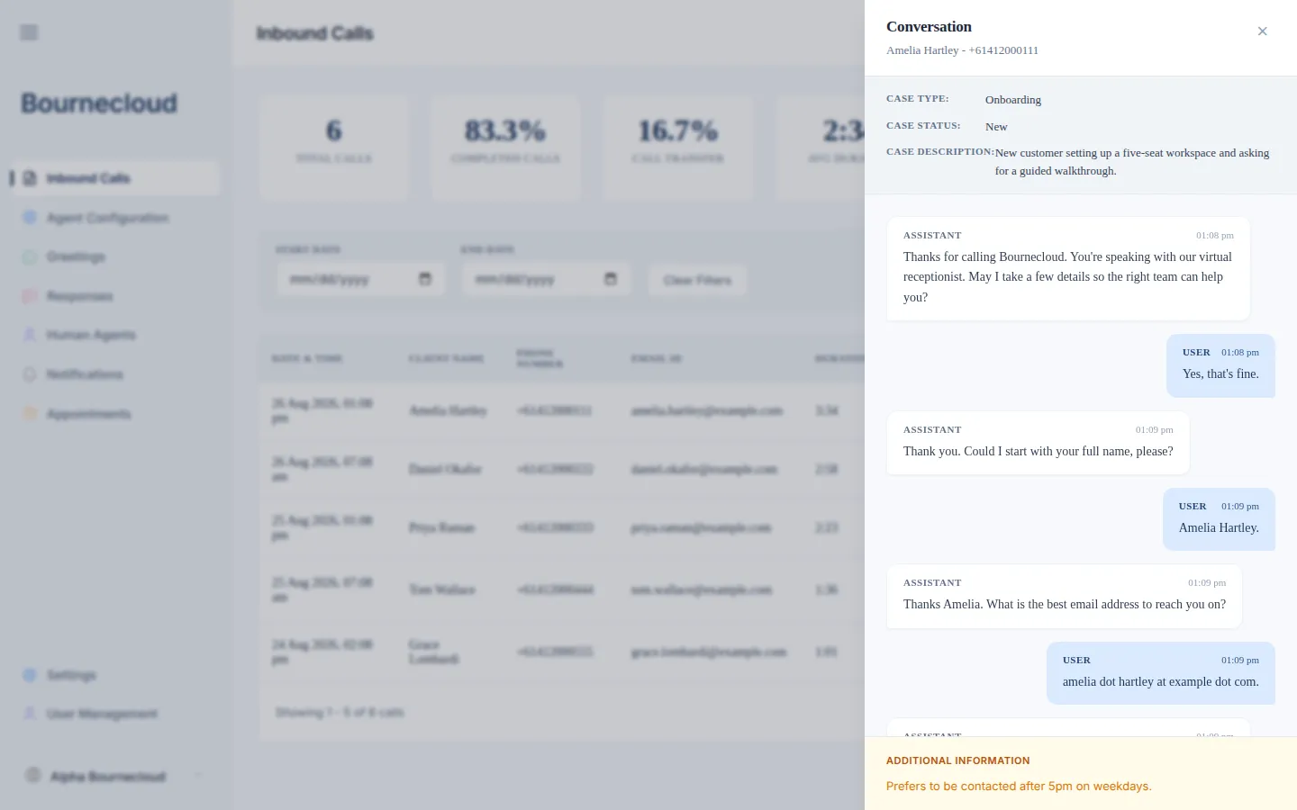 BourneConnect AI conversation record showing information captured during an inbound call.