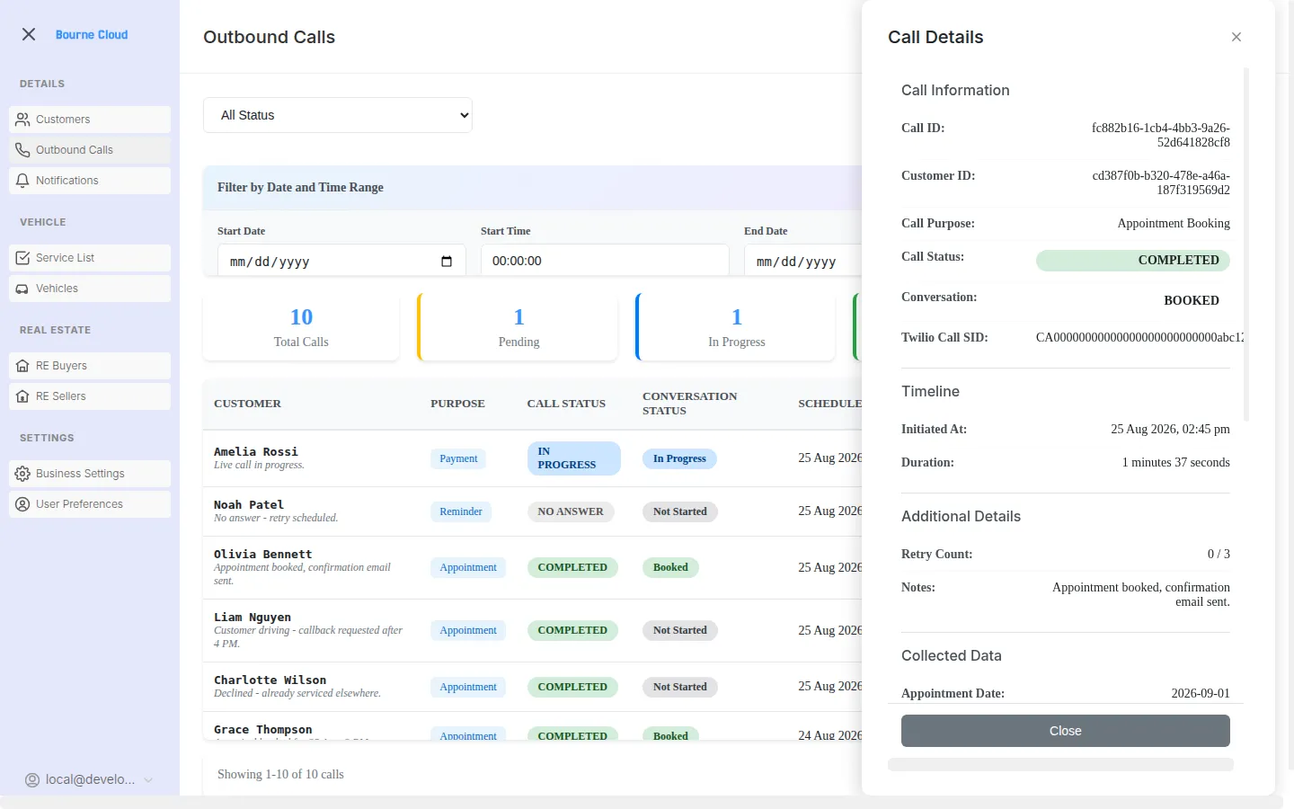 BourneConnect AI outbound call details showing call outcome, timing, notes and collected information.