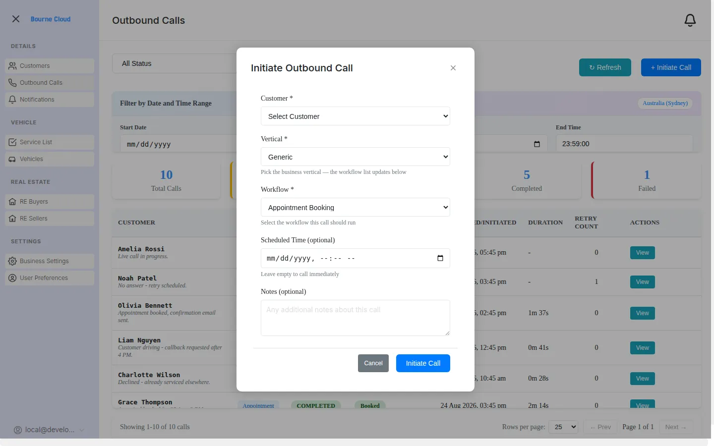 BourneConnect AI interface for initiating or scheduling an outbound AI call.