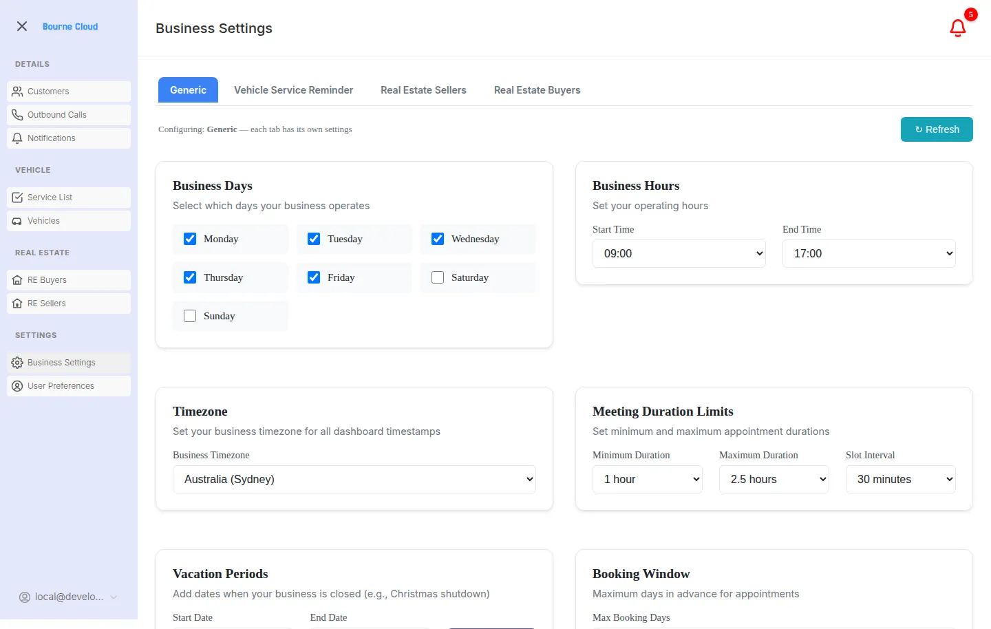 BourneConnect AI business settings for operating days, hours, timezone and appointment rules.