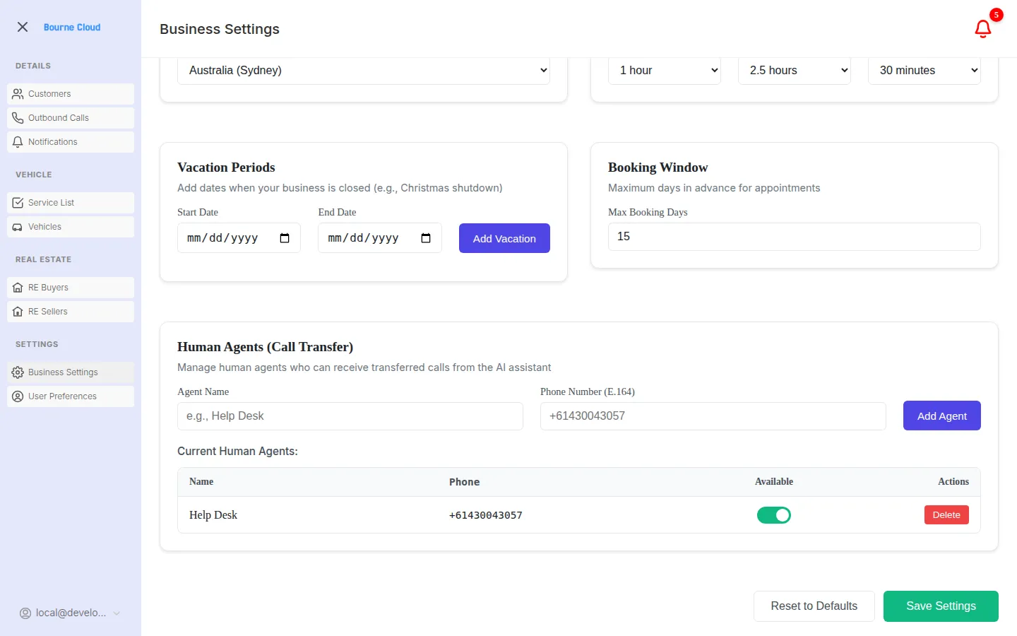 BourneConnect AI settings for vacation periods, booking windows and human call transfer availability.
